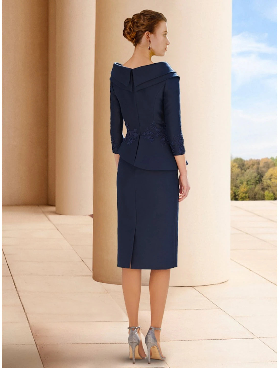 Luolandi A-Line Mother of the Bride Dress Wedding Guest Elegant Petite V Neck Knee Length Satin 3/4 Length Sleeve with Split