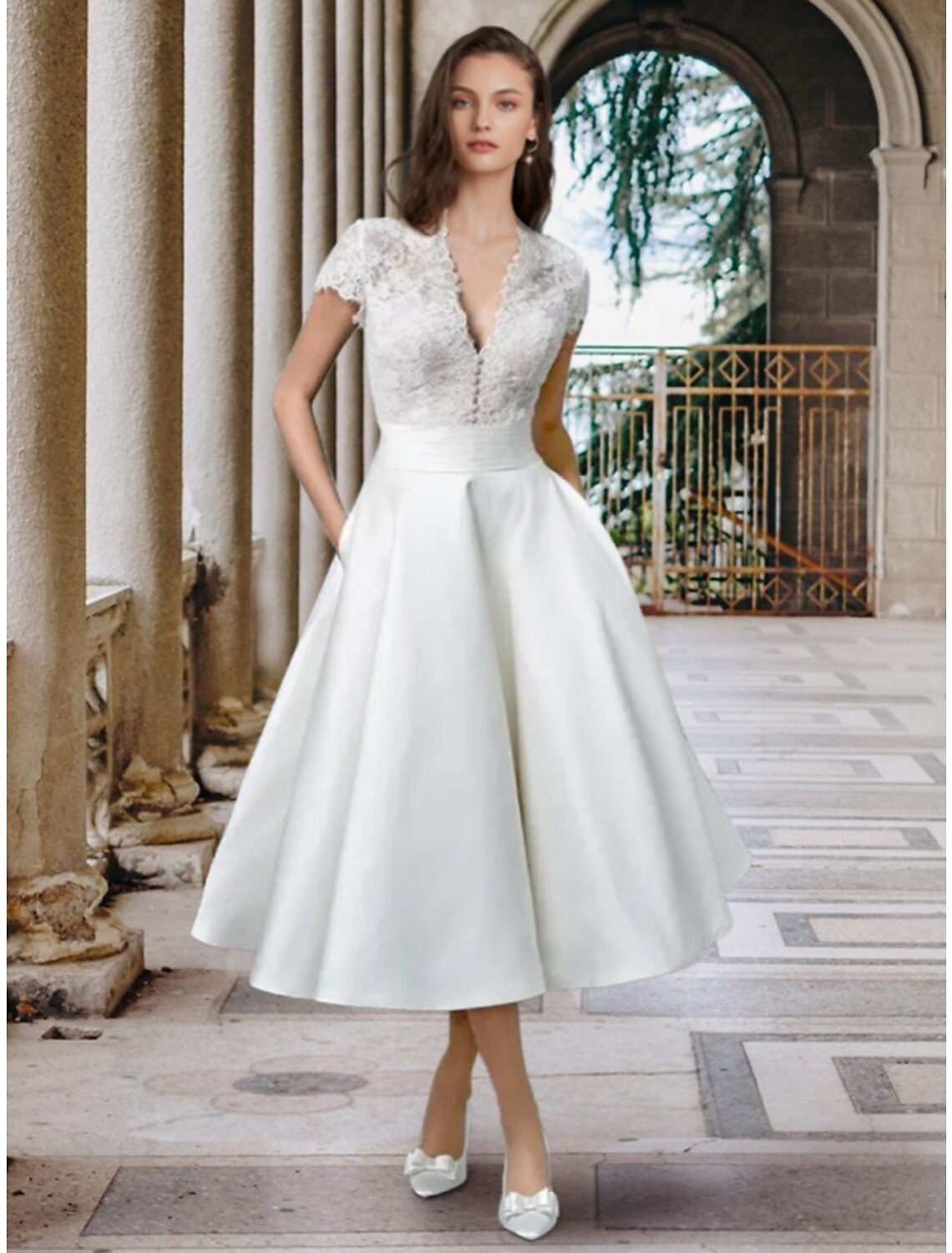 Luolandi Little Dresses Wedding Dresses A-Line V Neck Short Sleeve Tea Length Satin Bridal Gowns With Pleats