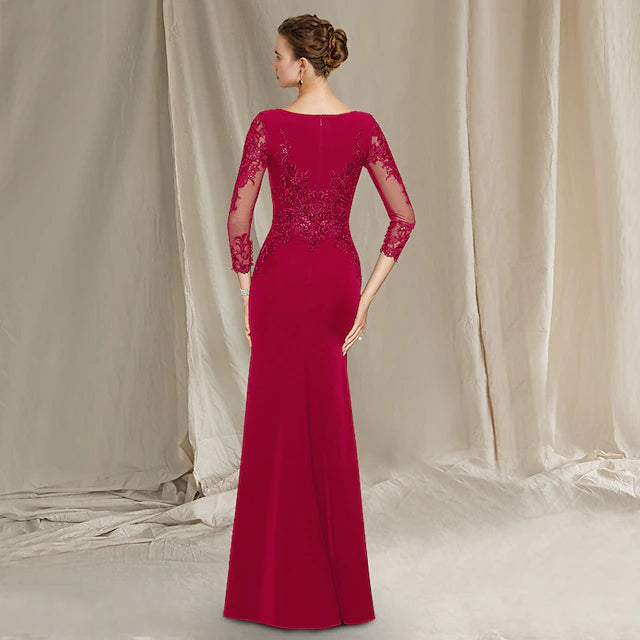 Luolandi Sheath / Column Mother of the Bride Dress Elegant Jewel Neck Floor Length Chiffon Lace Short Sleeve with Sequin Ruffles