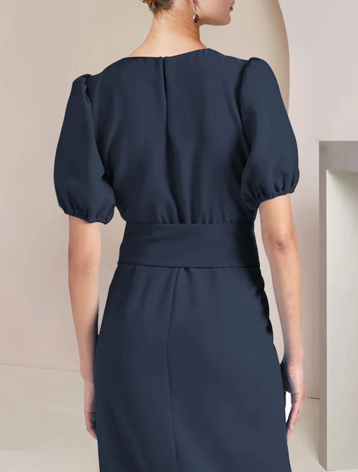 Luolandi Sheath / Column Mother of the Bride Dress Formal Wedding Guest Elegant Scoop Neck Tea Length Chiffon Short Sleeve with Sash