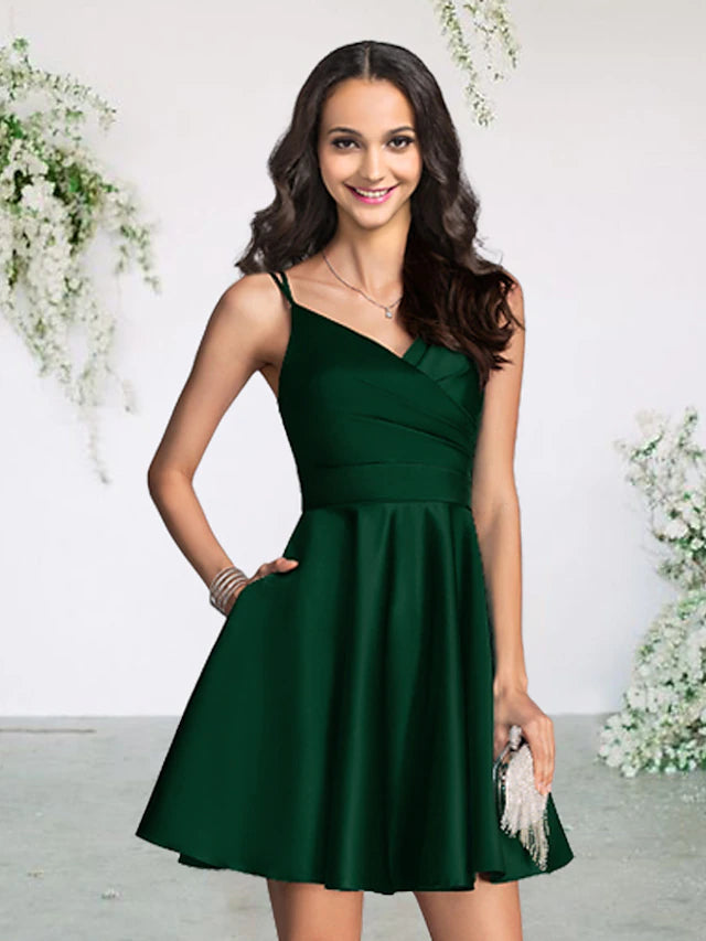 Luolandi A-Line Bridesmaid Dress V Neck Sleeveless Sexy Short / Mini Satin with Pleats Pure Color