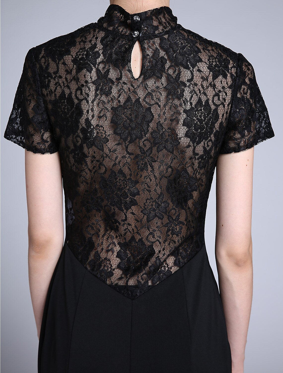 Luolandi Mermaid / Trumpet Mother of the Bride Dress Vintage Inspired High Neck Sweep / Brush Train Lace Jersey Short Sleeve