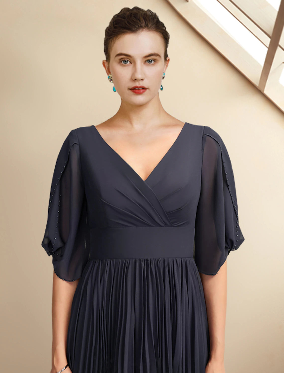 Luolandi A-Line Mother of the Bride Dress Plus Size Elegant V Neck Tea Length Chiffon Half Sleeve