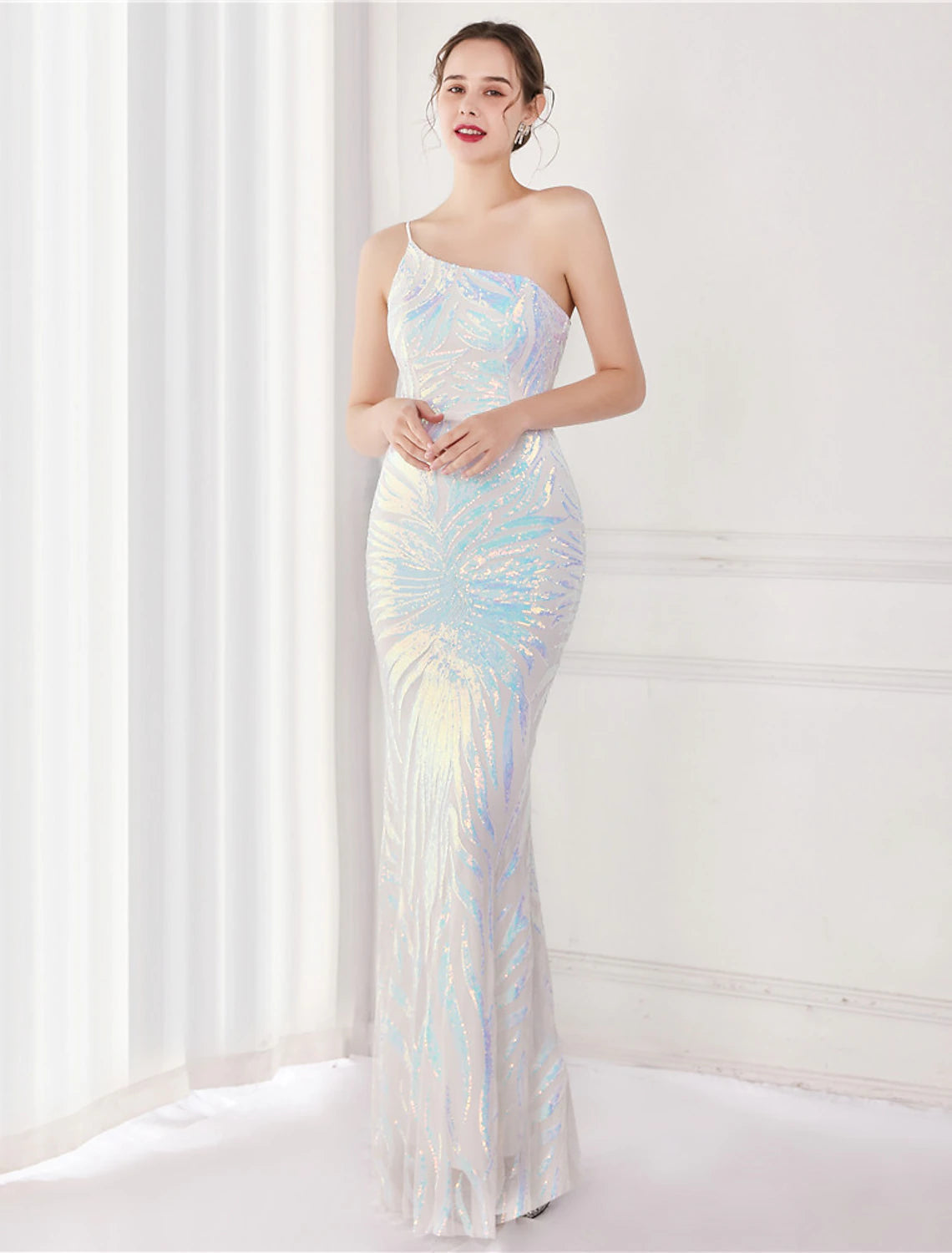 Luolandi Mermaid / Trumpet Evening Gown Sparkle & Shine Dress Formal Floor Length Sleeveless One Shoulder Sequined
