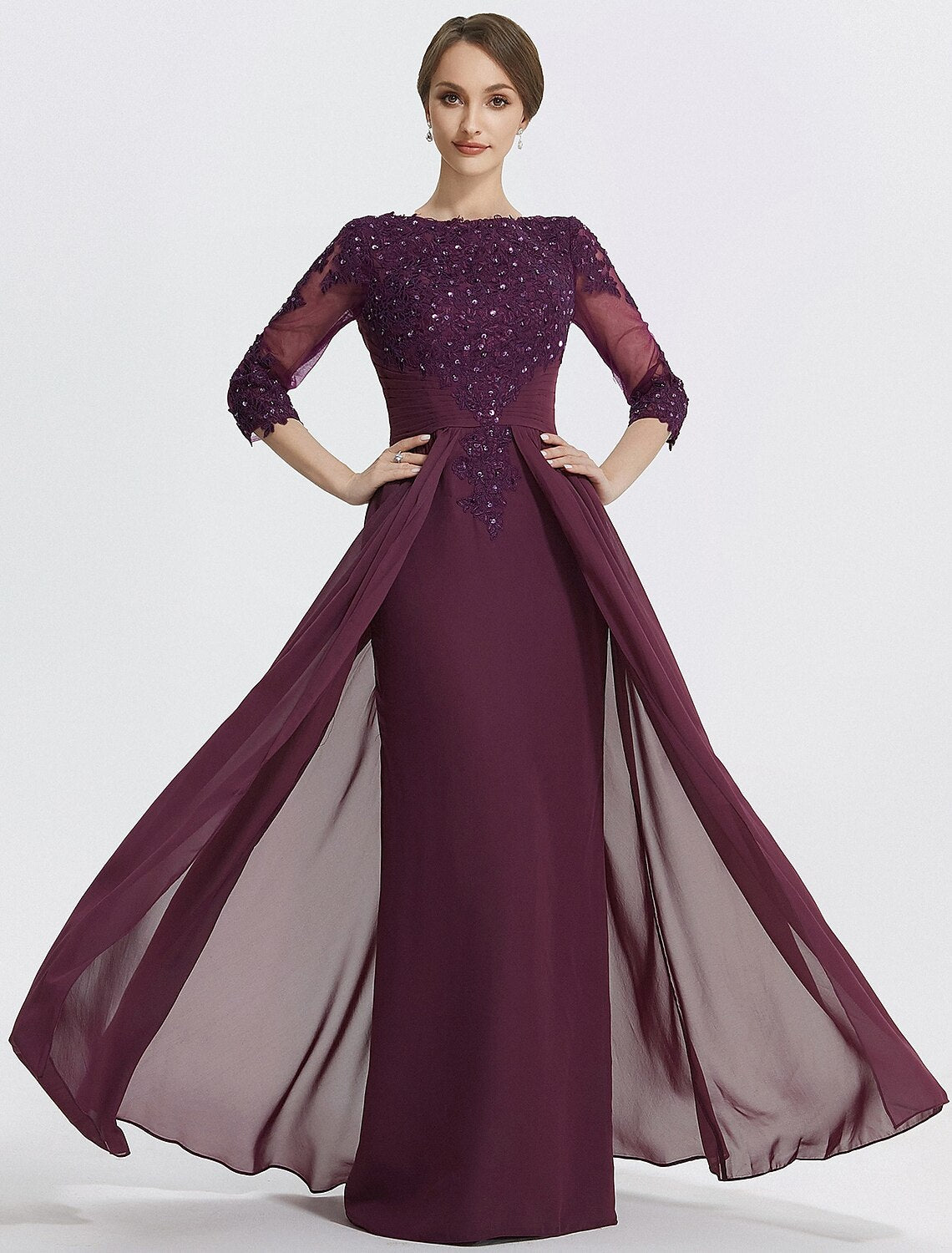 Luolandi A-Line Mother of the Bride Dress Formal Wedding Guest Elegant Jewel Neck Floor Length Chiffon Lace 3/4 Length Sleeve with Lace