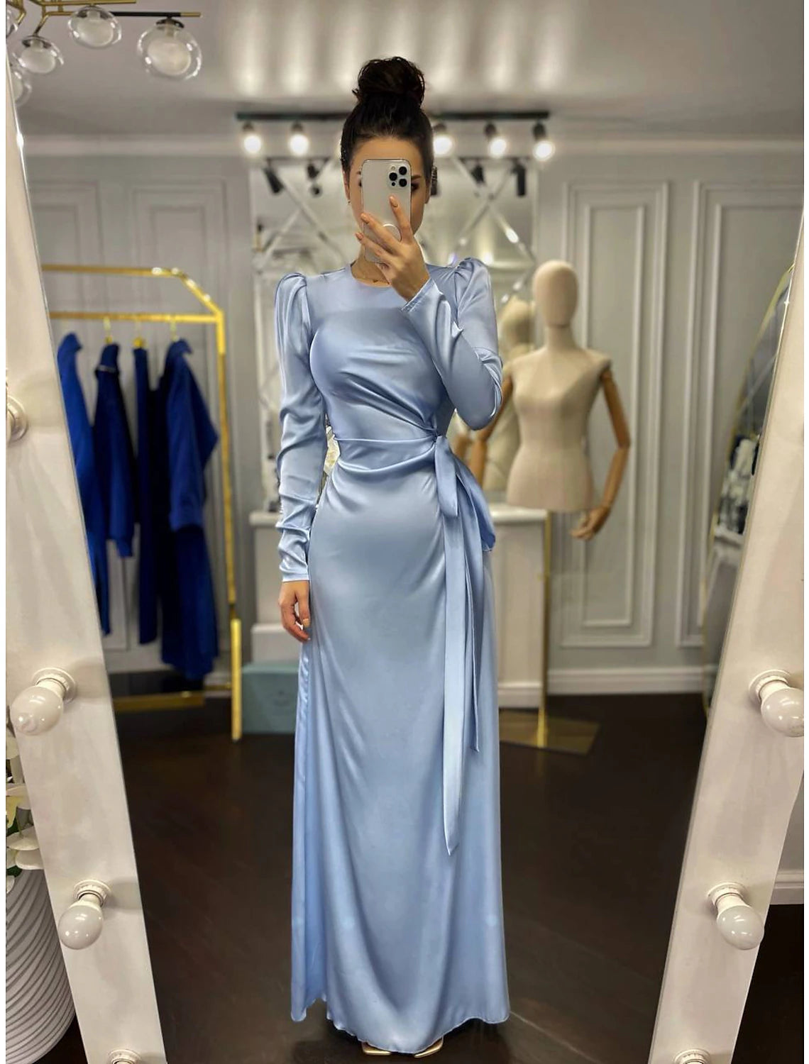 Luolandi Sheath Party Dress Evening Gown Elegant Dress Wedding Guest Fall Floor Length Long Sleeve High Neck Bridesmaid Dress Satin