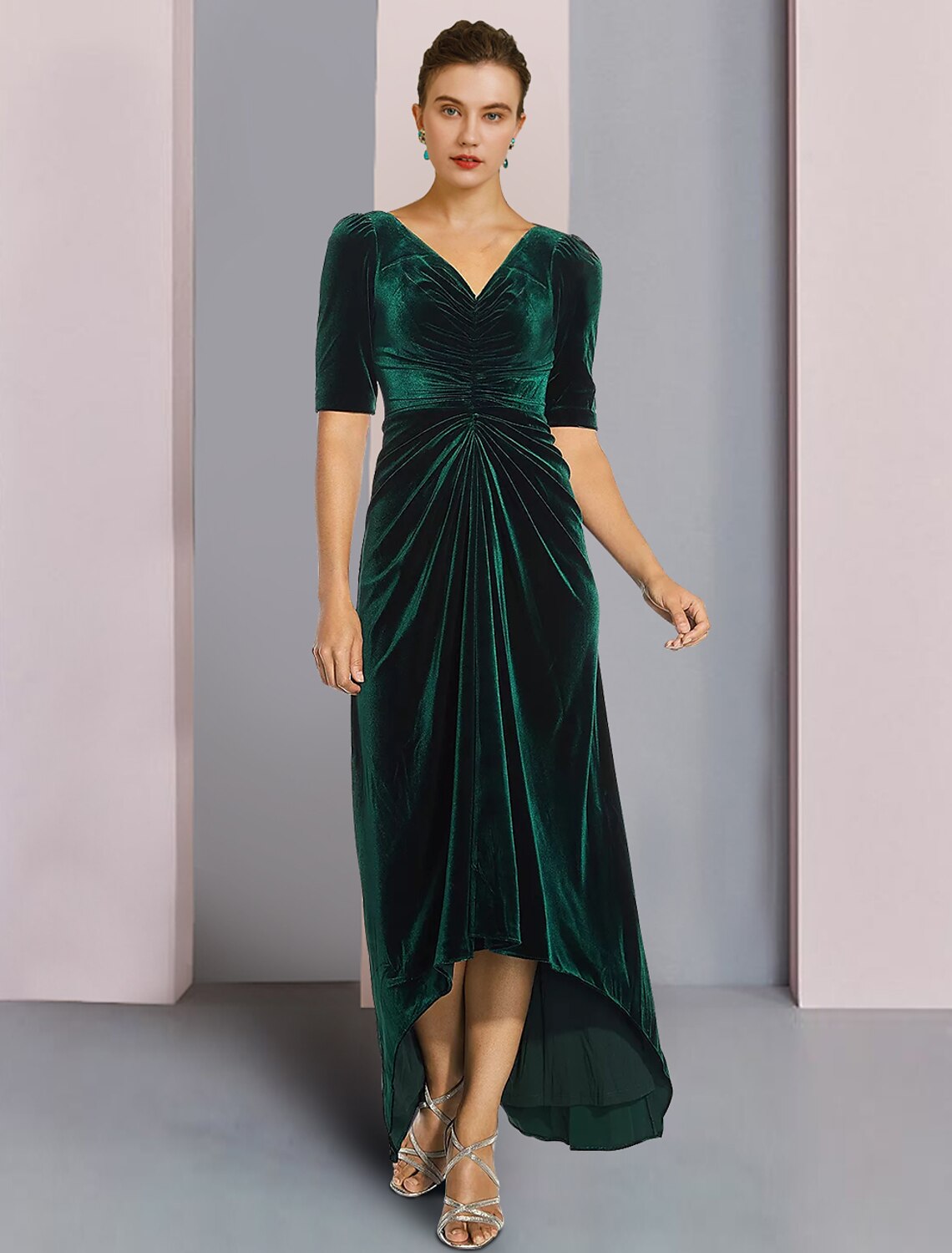 Luolandi A-Line Mother of the Bride Dress Wedding Guest Elegant High Low V Neck Asymmetrical Tea Length Velvet Short Sleeve