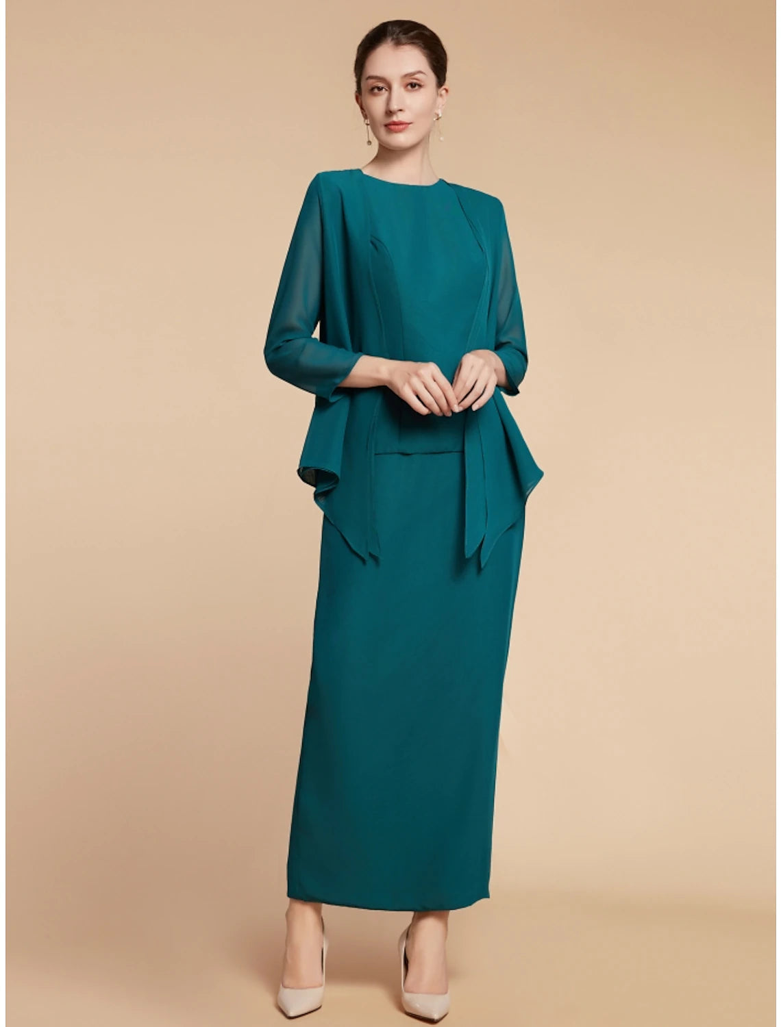 Luolandi Sheath / Column Mother of the Bride Dress Wedding Guest Elegant Simple Jewel Neck Ankle Length Chiffon Long Sleeve with Split Front Ruching