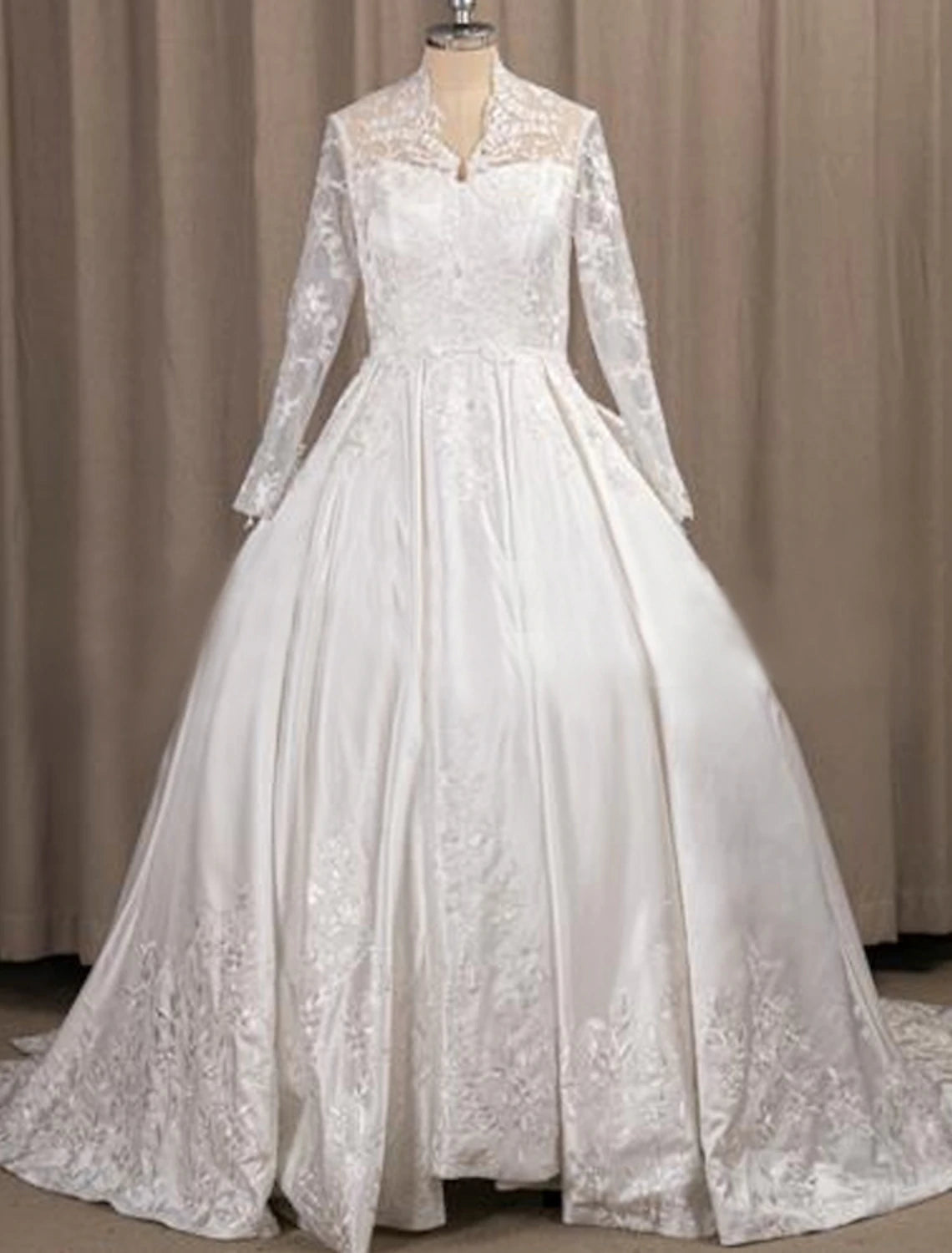Luolandi Engagement Formal Wedding Dresses A-Line Illusion Neck Long Sleeve Court Train Satin Bridal Gowns With Pleats