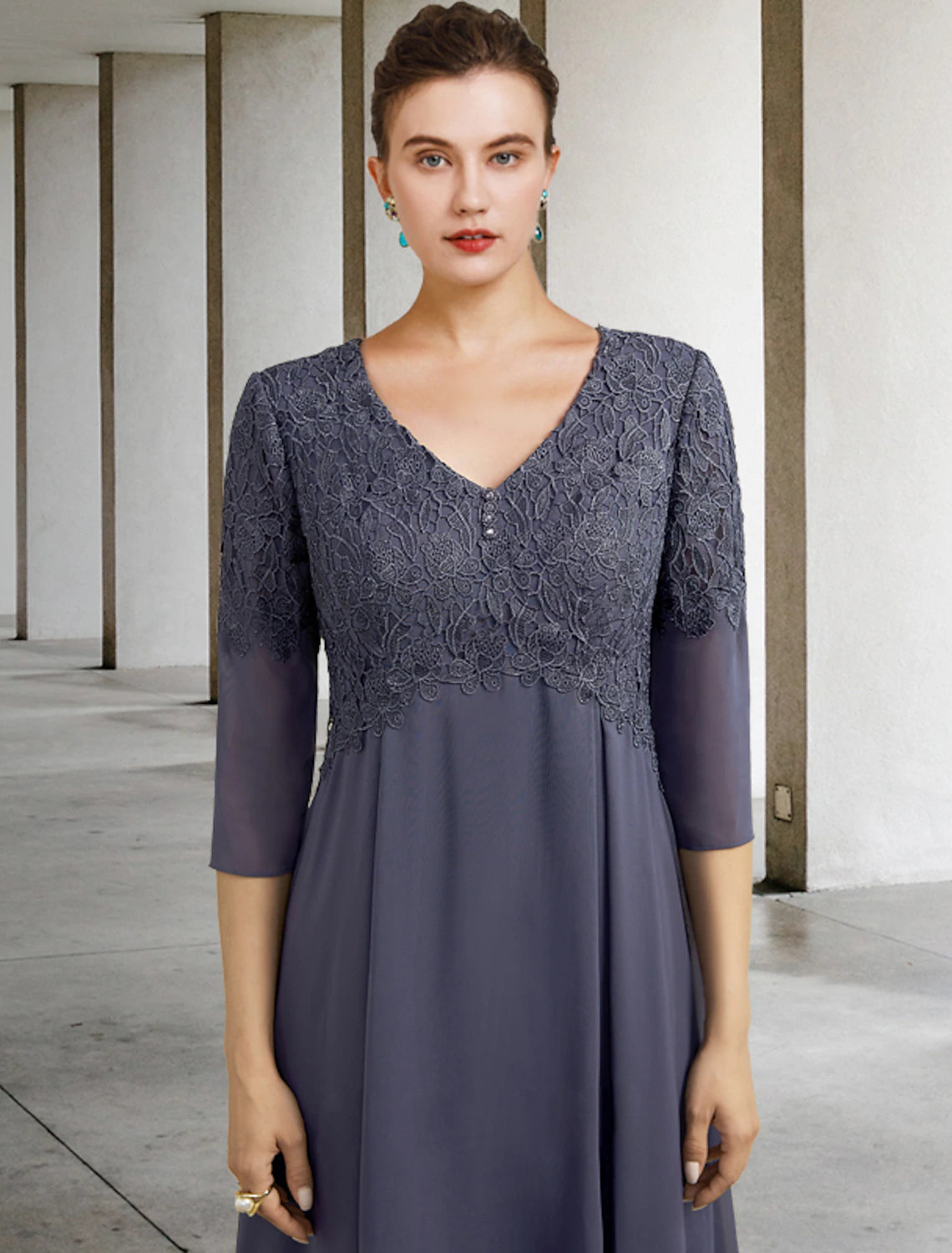 Luolandi A-Line Mother of the Bride Dress Fall Wedding Guest Plus Size Elegant V Neck Tea Length Chiffon Lace 3/4 Length Sleeve with Ruffles