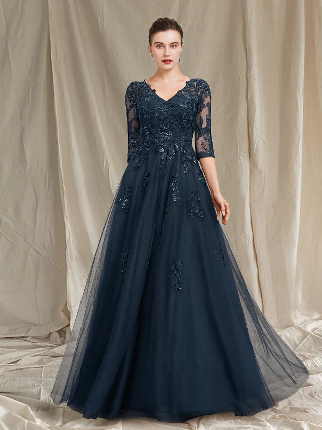 Luolandi A-Line Mother of the Bride Dress Luxurious Elegant V Neck Floor Length Chiffon Lace Tulle Half Sleeve