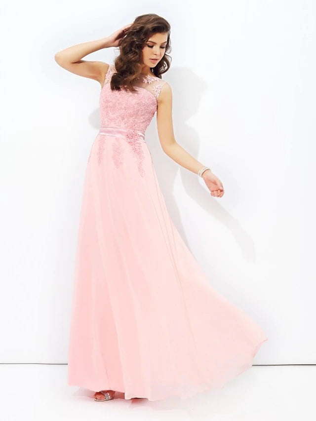 Luolandi A-Line Prom Dresses Sparkle & Shine Dress Formal Floor Length Sleeveless Jewel Neck Chiffon