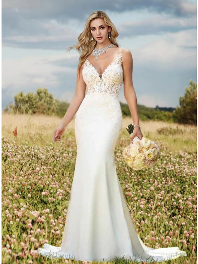 Luolandi Engagement Open Back Sexy Formal Wedding Dresses Court Train Mermaid / Trumpet Sleeveless V Neck Crepe