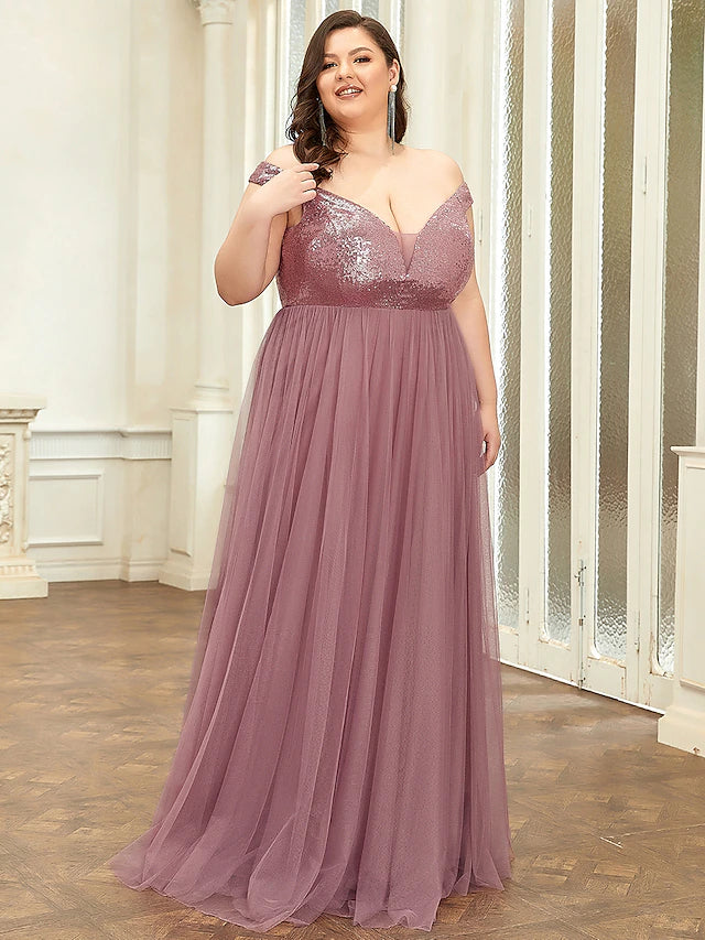 Luolandi Bridesmaid Dress V Neck Sleeveless Elegant Floor Length Tulle / Sequined with Draping / Tier