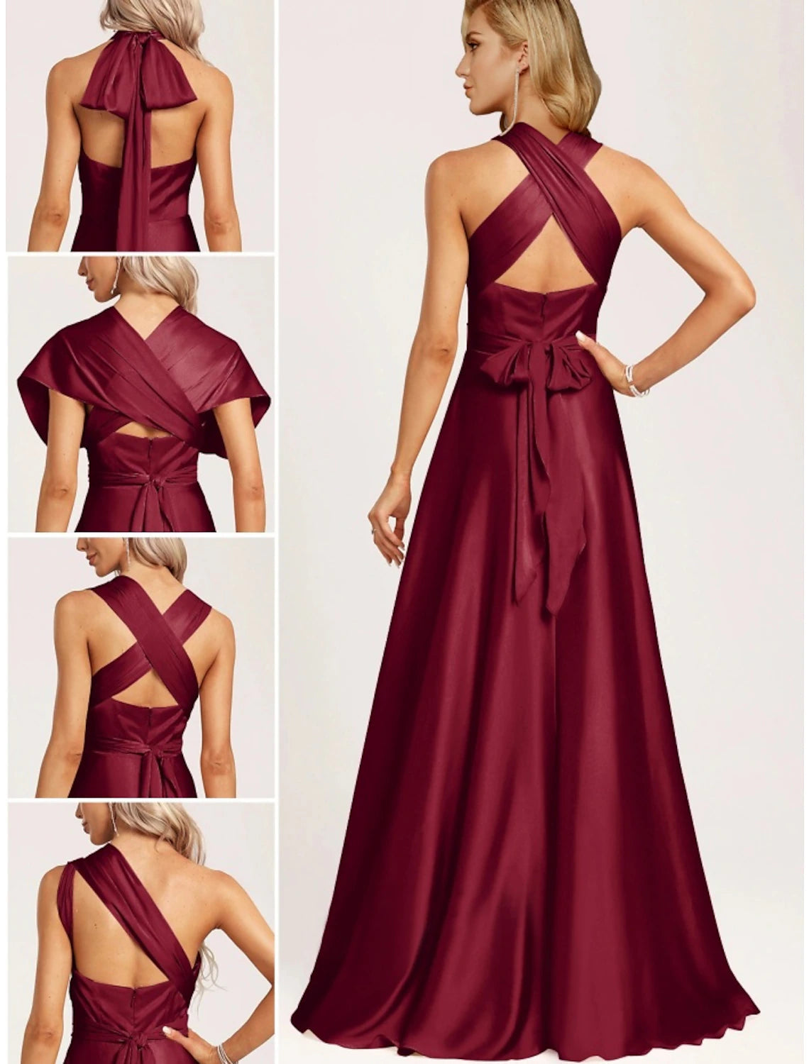 Luolandi Bridesmaid Dress Halter Neck Sleeveless Elegant Floor Length Satin with Split Front / Ruching