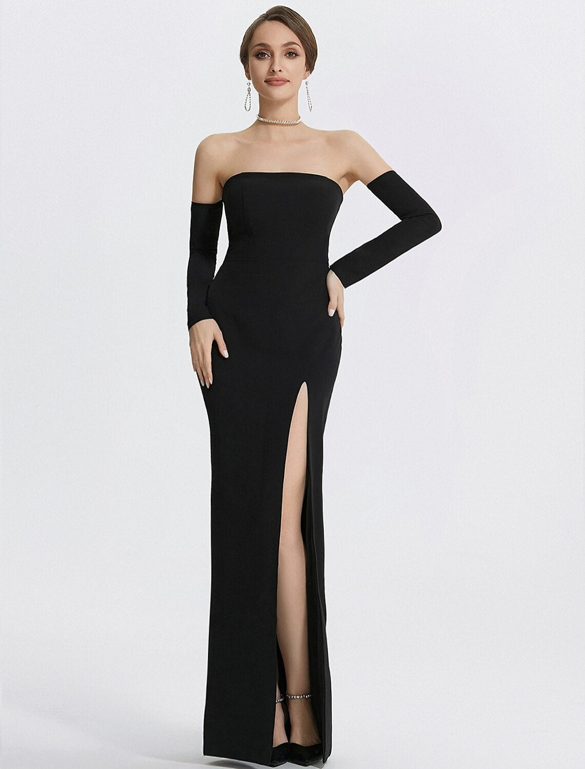 Luolandi Mermaid Evening Gown Black Dress With Gloves Formal Wedding Guest Floor Length Long Sleeve Strapless Fabric