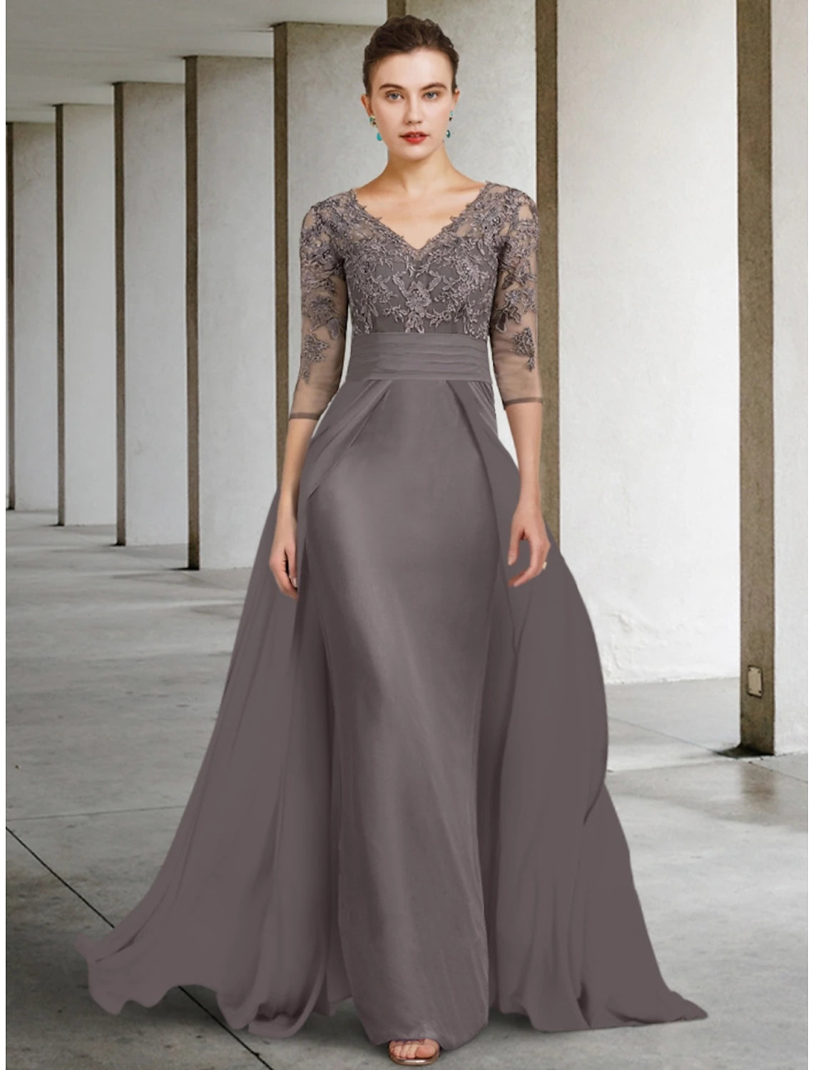 Luolandi A-Line Mother of the Bride Dress Wedding Guest Elegant V Neck Floor Length Chiffon Lace Half Sleeve with Ruching