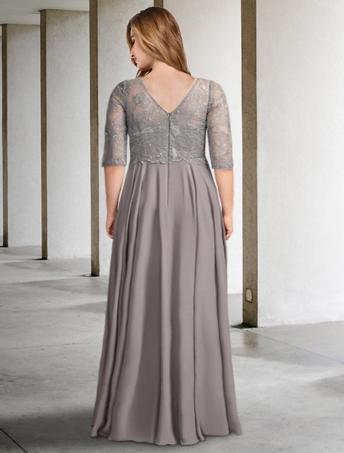 Luolandi A-Line Mother of the Bride Dresses Plus Size Hide Belly Curve Elegant Dress Formal Floor Length Half Sleeve V Neck Chiffon with Pleats
