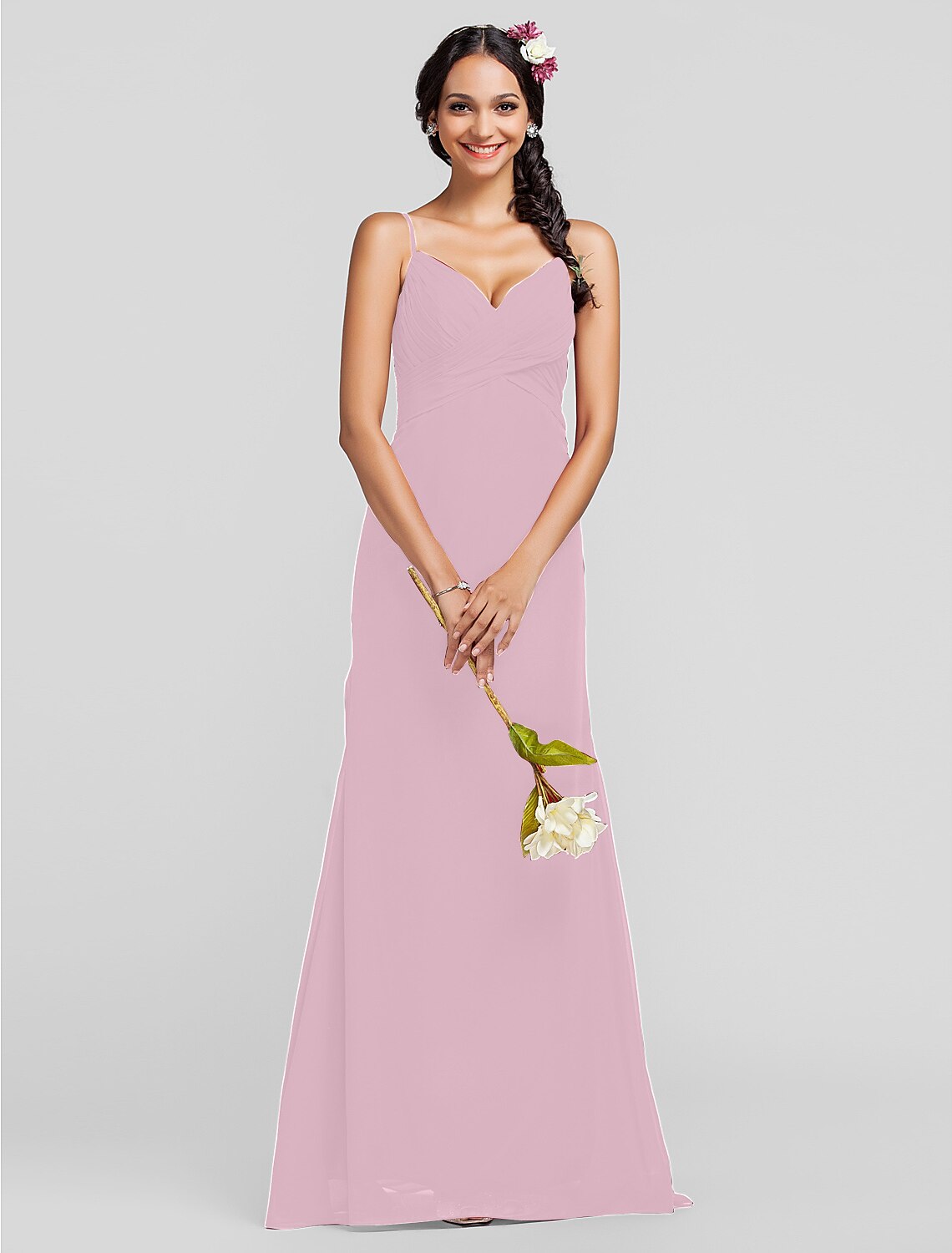 Luolandi Sheath Spaghetti Strap Floor Length Chiffon Bridesmaid Dress with Criss Cross