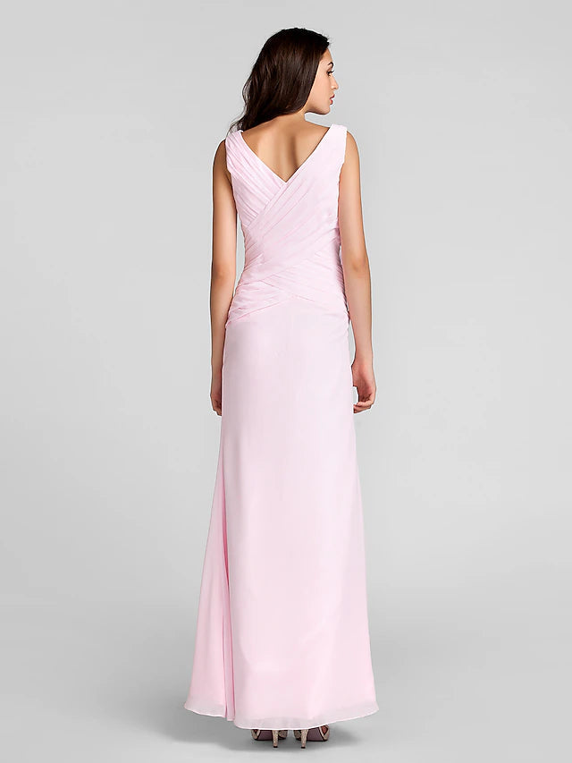 Luolandi Sheath / Column Bridesmaid Dress V Neck Sleeveless Floor Length Chiffon with Criss Pure Color Pure Color Cross