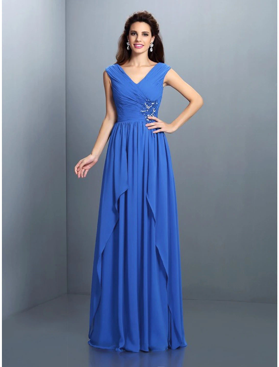 Luolandi A-Line Evening Gown Sparkle & Shine Dress Wedding Guest Wedding Party Floor Length Sleeveless V Neck Bridesmaid Dress Chiffon