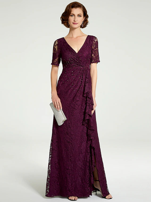 Luolandi Sheath / Column Mother of the Bride Dress V Neck Floor Length Lace Short Sleeve with Beading