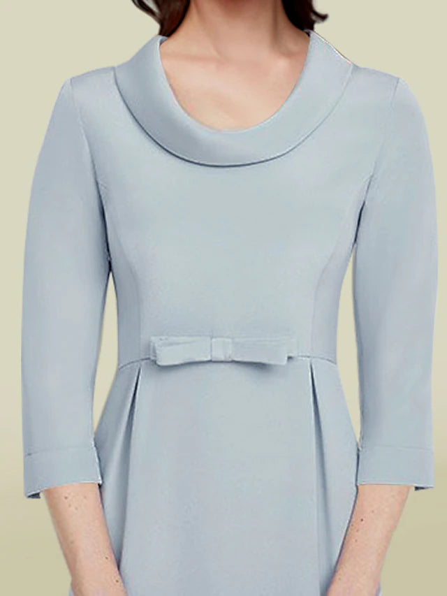 Luolandi Sheath / Column Mother of the Bride Dress Elegant Jewel Neck Tea Length Italy Satin 3/4 Length Sleeve with Bow(s)