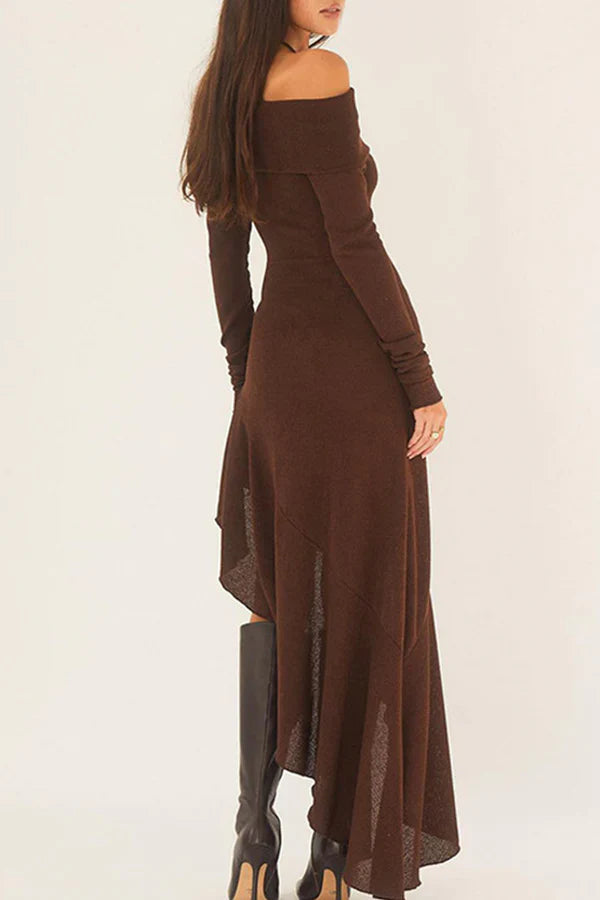 Luolandi Sexy solid color ruffled edge off shoulder irregular evening dress Brownness