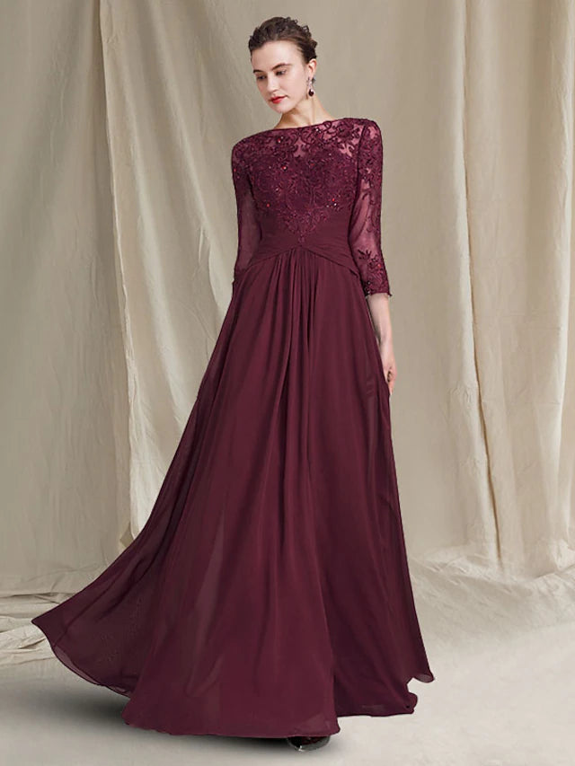 Luolandi Sheath / Column Mother of the Bride Dress Plus Size Elegant Jewel Neck Floor Length Chiffon Lace 3/4 Length Sleeve