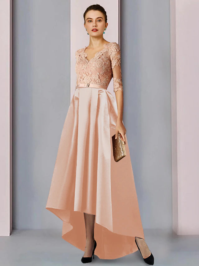 Luolandi A-Line Mother of the Bride Dress Wedding Guest Elegant High Low V Neck Asymmetrical Tea Length Satin Lace Half Sleeve with Bow(s)