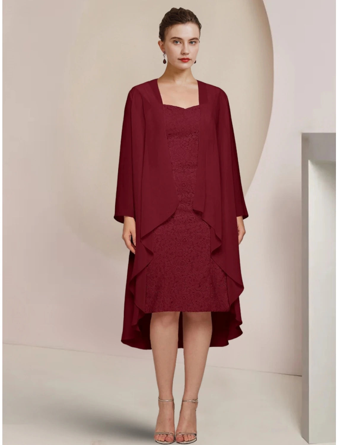 Luolandi A-Line Mother of the Bride Dress Wedding Guest Elegant Petite Square Neck Knee Length Chiffon Long Sleeve with Ruching
