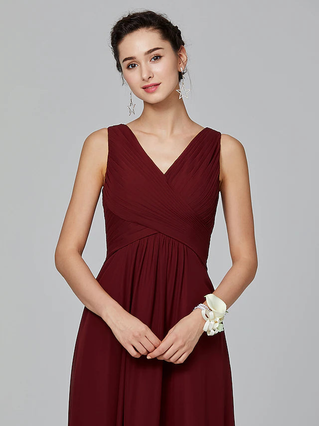 Luolandi A-Line Bridesmaid Dress V Neck Sleeveless Floor Length Chiffon with Criss Cross / Side