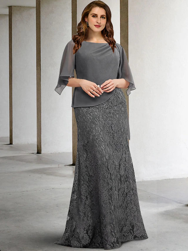 Luolandi Sheath / Column Plus Size Curve Mother of the Bride Dresses Elegant Dress Formal Floor Length Half Sleeve Jewel Neck Chiffon