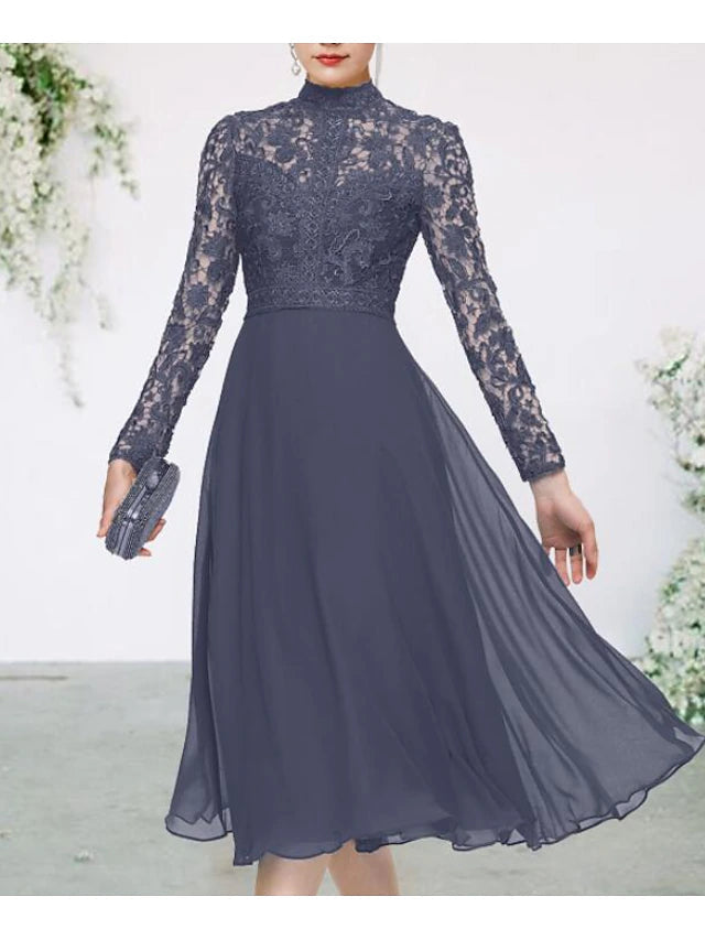 Luolandi A-Line Mother of the Bride Dress Elegant High Neck Tea Length Chiffon Lace Long Sleeve with Appliques