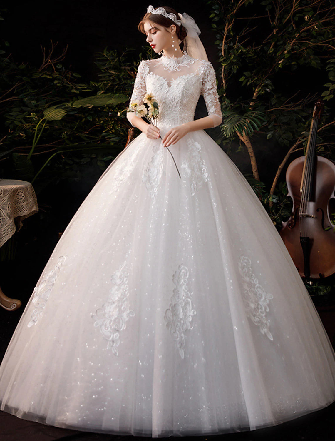 Luolandi Reception Wedding Dresses Ball Gown High Neck Half Sleeve Floor Length Lace Bridal Gowns