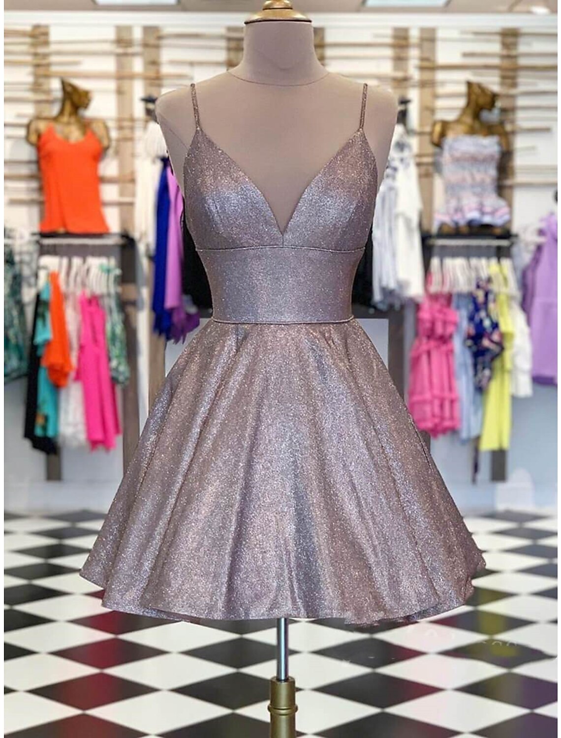 Luolandi A-Line Homecoming Dresses Sparkle & Shine Dress Holiday Short / Mini Sleeveless Spaghetti Strap Pocket Lurex Fabric