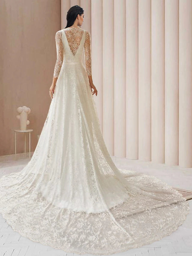 Luolandi Engagement Open Back Formal Wedding Dresses Court Train Two Piece Long Sleeve V Neck Lace