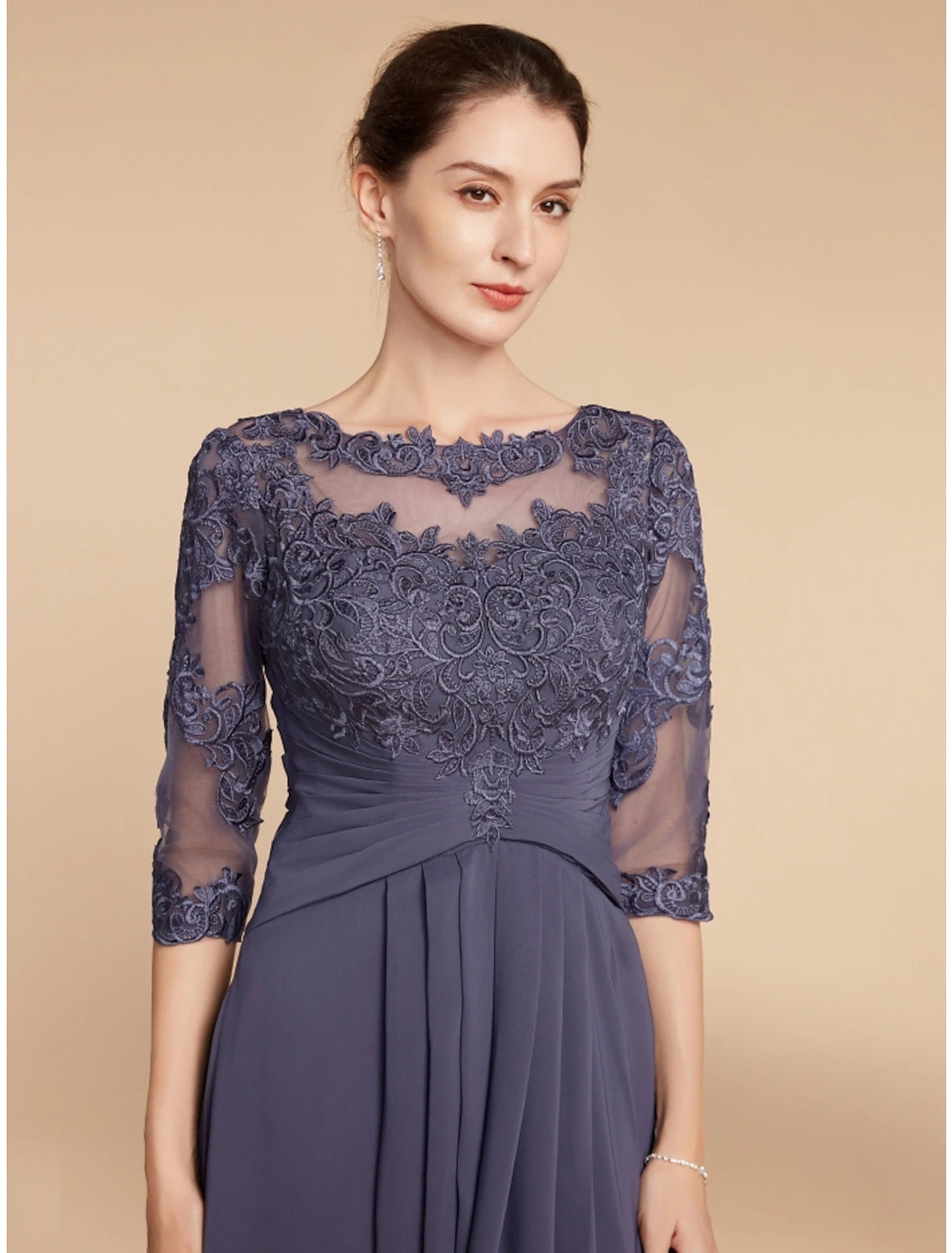 Luolandi A-Line Mother of the Bride Dress Wedding Guest Elegant Scoop Neck Ankle Length Chiffon Lace 3/4 Length Sleeve