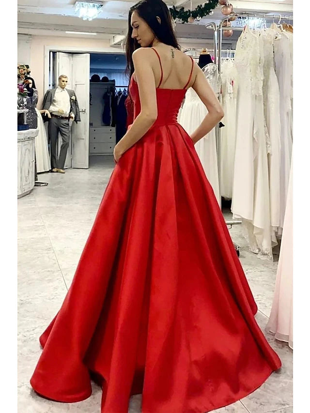Luolandi A-Line Prom Dresses Minimalist Dress Formal Floor Length Sleeveless V Neck Pocket Satin