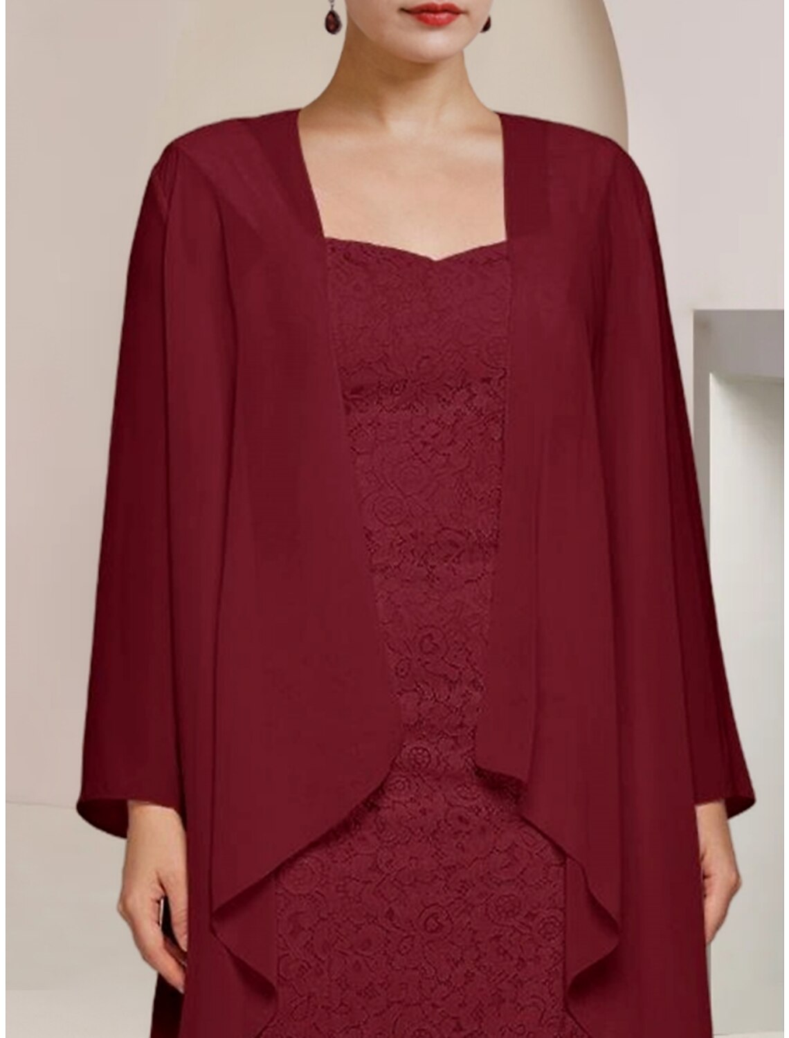 Luolandi A-Line Mother of the Bride Dress Wedding Guest Elegant Petite Square Neck Knee Length Chiffon Long Sleeve with Ruching