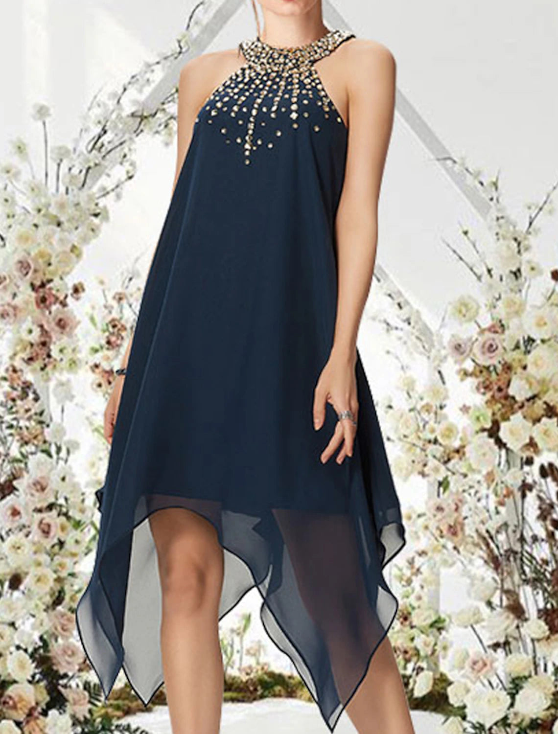 Luolandi A-Line Cocktail Dresses Flirty Dress Wedding Guest Asymmetrical Sleeveless Halter Chiffon with Crystals