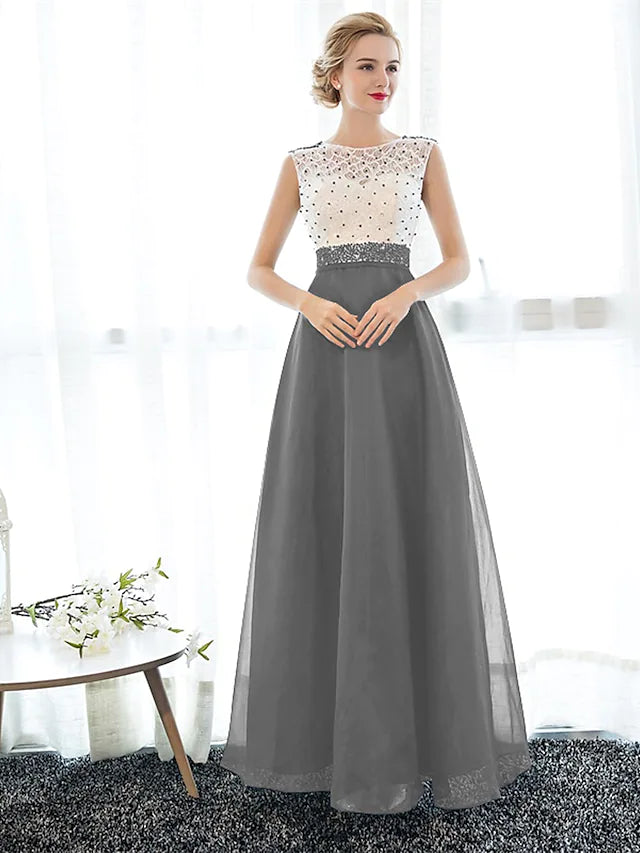 Luolandi A-Line Beautiful Back Elegant Beaded & Sequin Prom Formal Evening Dress Illusion Neck Sleeveless Floor Length Tulle Over Lace