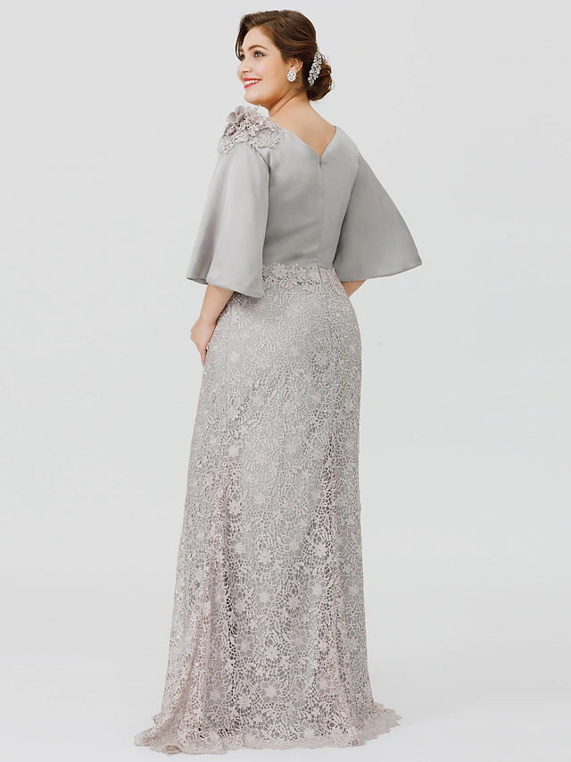 Luolandi Mermaid / Trumpet Mother of the Bride Dress Plus Size Sexy Cowl Neck Sweep / Brush Train Satin Chiffon Lace Over Satin Half Sleeve