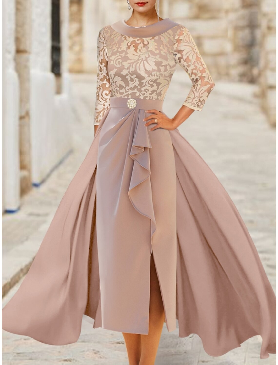 Luolandi A-Line Mother of the Bride Dress Wedding Guest Elegant Scoop Neck Ankle Length Satin Lace 3/4 Length Sleeve