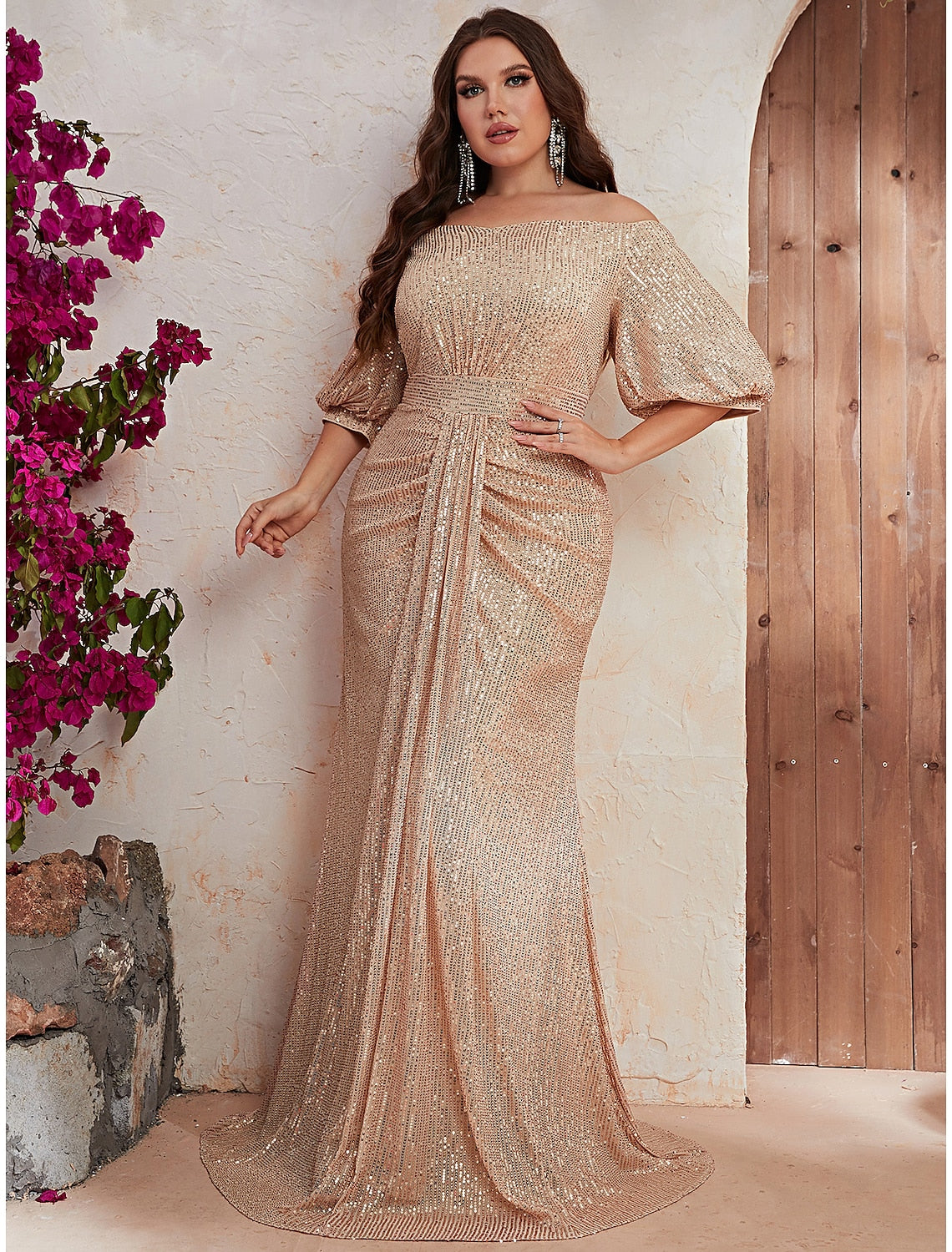 Luolandi A-Line Wedding Guest Dresses Sparkle & Shine Dress Formal Sweep / Brush Train Half Sleeve Off Shoulder Polyester