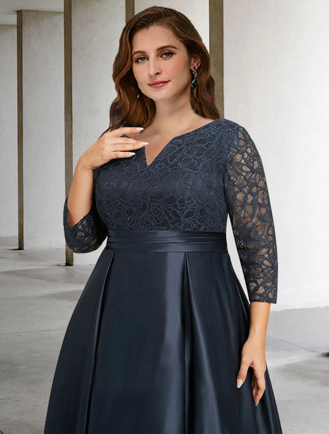 Luolandi A-Line Mother of the Bride Dresses Plus Size Hide Belly Curve Elegant Dress Formal Asymmetrical 3/4 Length Sleeve V Neck Satin with Pleats