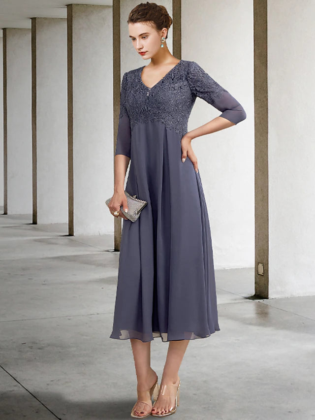 Luolandi A-Line Mother of the Bride Dress Plus Size Elegant V Neck Tea Length Chiffon Lace 3/4 Length Sleeve