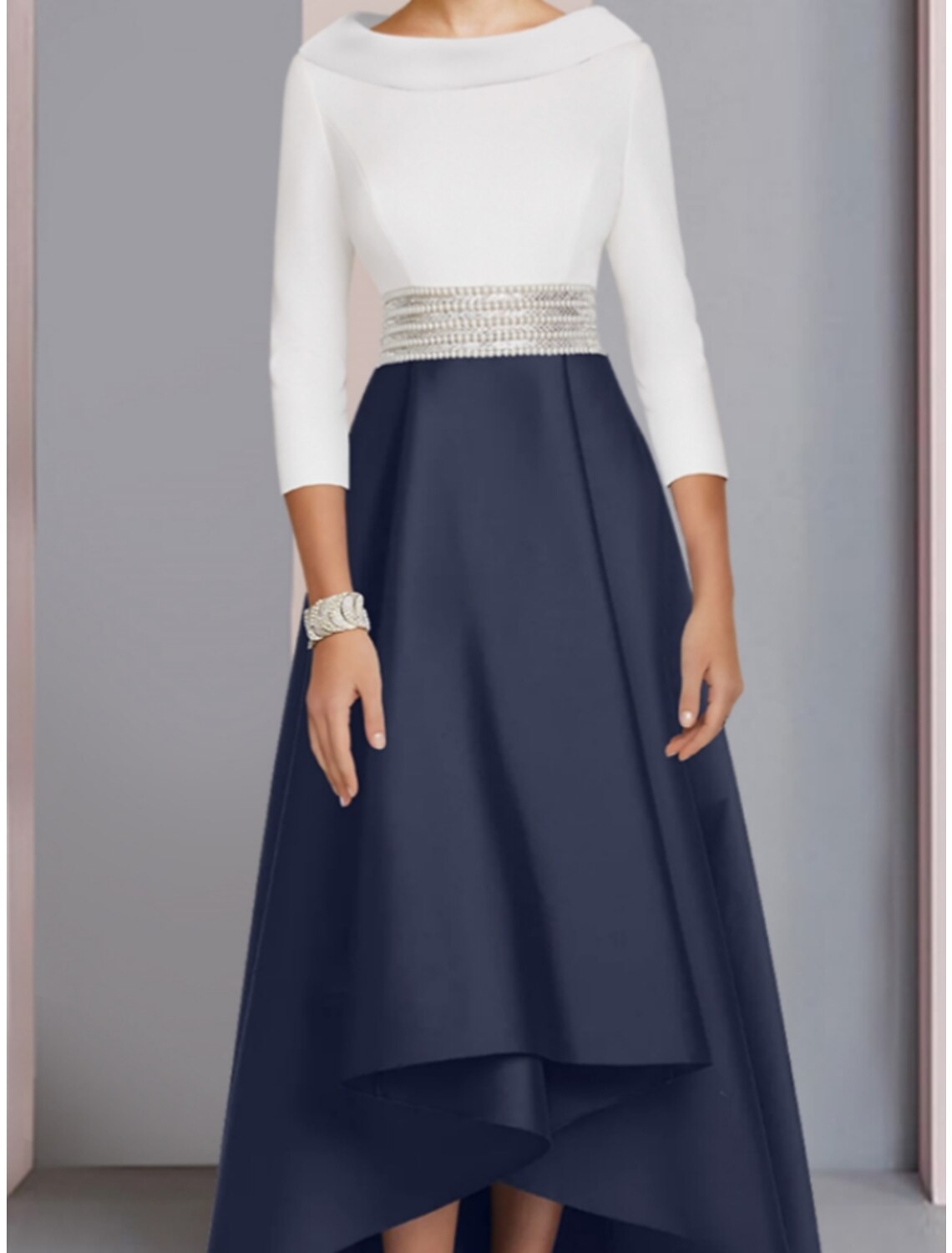 Luolandi A-Line Mother of the Bride Dress Wedding Guest Elegant Scoop Neck Asymmetrical Floor Length Satin 3/4 Length Sleeve with Sequin