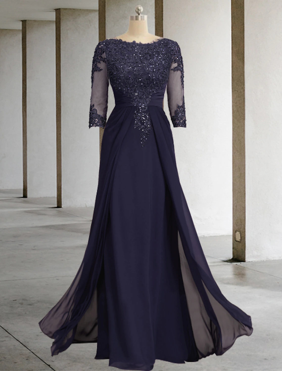 Luolandi Sheath / Column Mother of the Bride Dress Formal Fall Wedding Guest Elegant Sequin Scoop Neck Floor Length Chiffon Lace 3/4 Sleeve with Appliques Sparkle