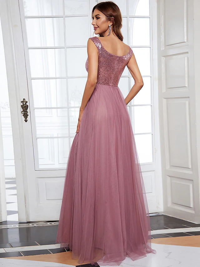 Luolandi Bridesmaid Dress V Neck Sleeveless Elegant Floor Length Tulle / Sequined with Draping / Tier